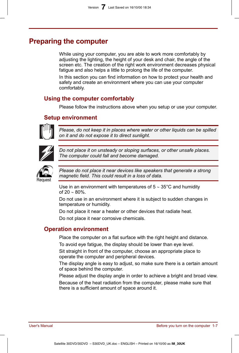 Preparing the computer, Preparing the computer -7, Using the computer comfortably | Setup environment, Operation environment | Toshiba Satellite 31 User Manual | Page 23 / 142