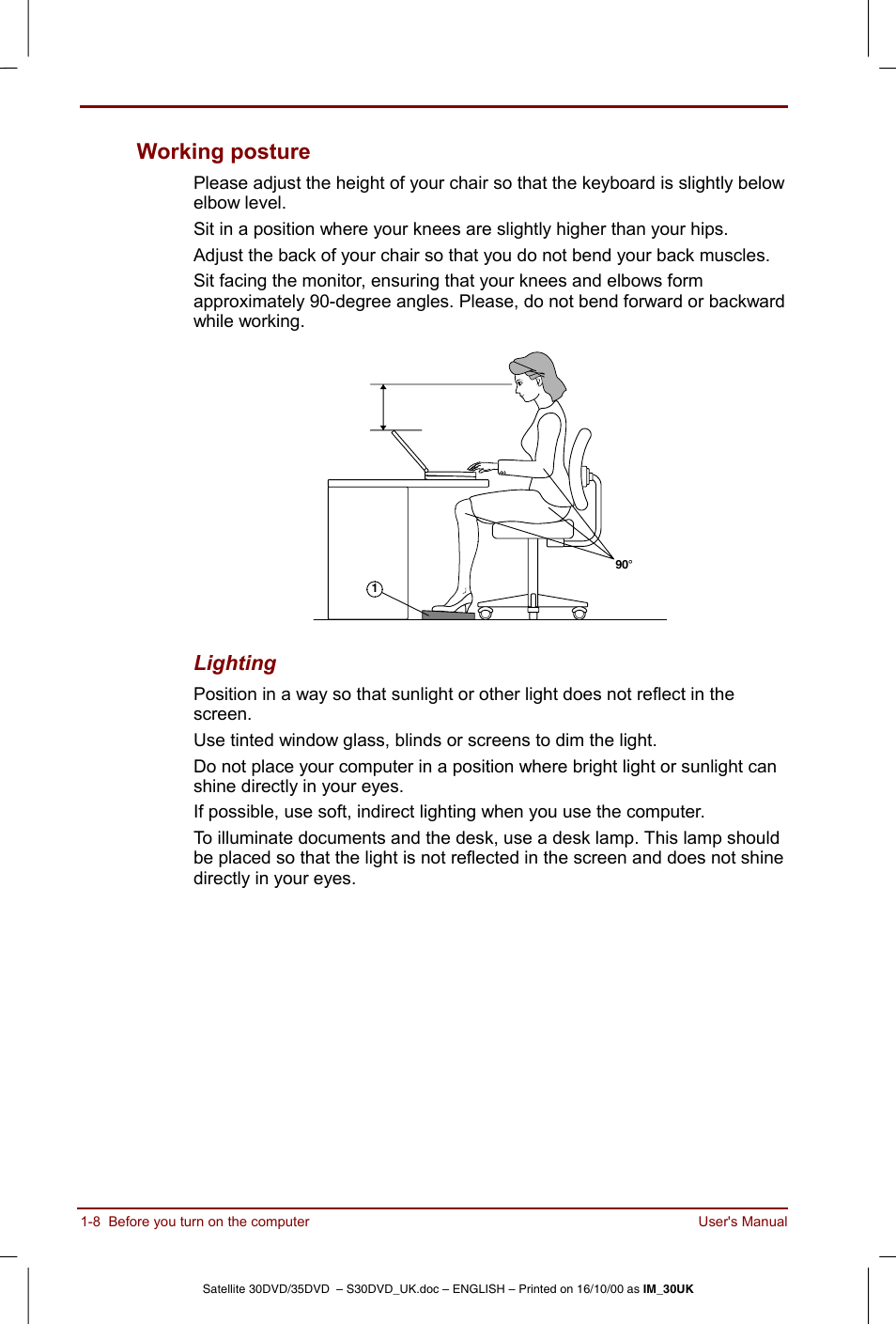 Working posture -8, Working posture, Lighting | Toshiba Satellite 31 User Manual | Page 24 / 142