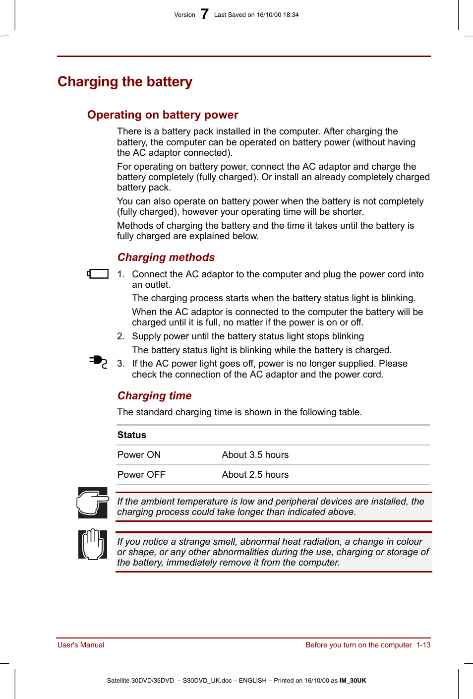 Charging the battery, Charging the battery -13, Operating on battery power -13 | Operating on battery power | Toshiba Satellite 31 User Manual | Page 29 / 142