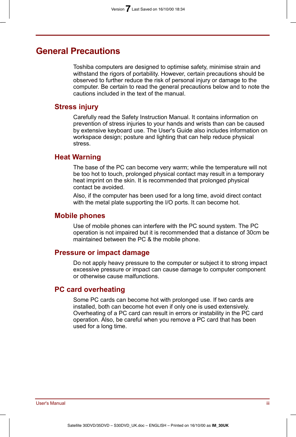 General precautions, Stress injury, Heat warning | Mobile phones, Pressure or impact damage, Pc card overheating | Toshiba Satellite 31 User Manual | Page 3 / 142