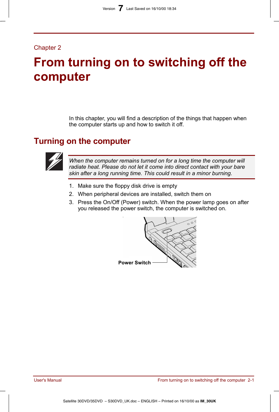 Turning on the computer, Turning on the computer -1 | Toshiba Satellite 31 User Manual | Page 40 / 142