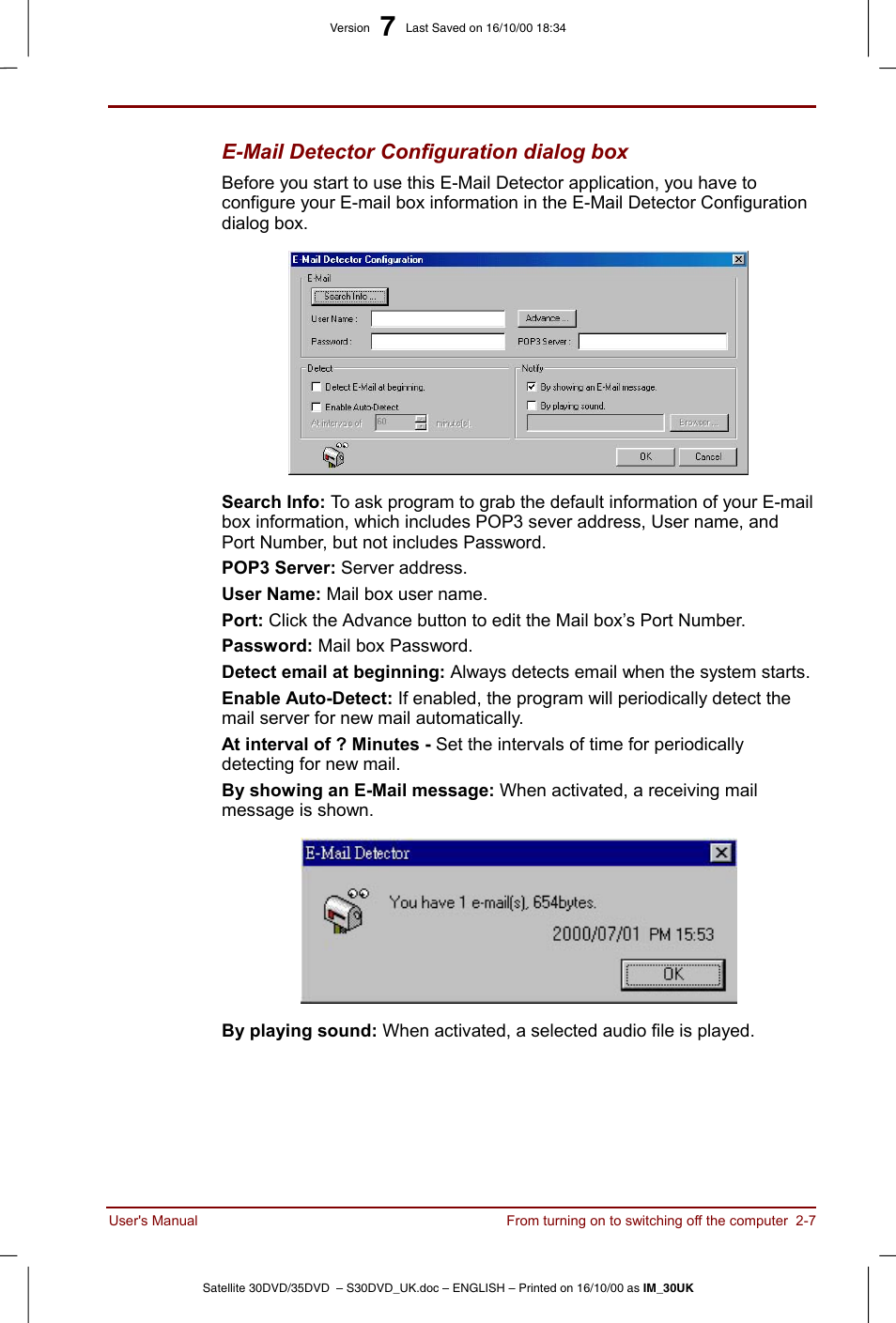 E-mail detector configuration dialog box | Toshiba Satellite 31 User Manual | Page 46 / 142