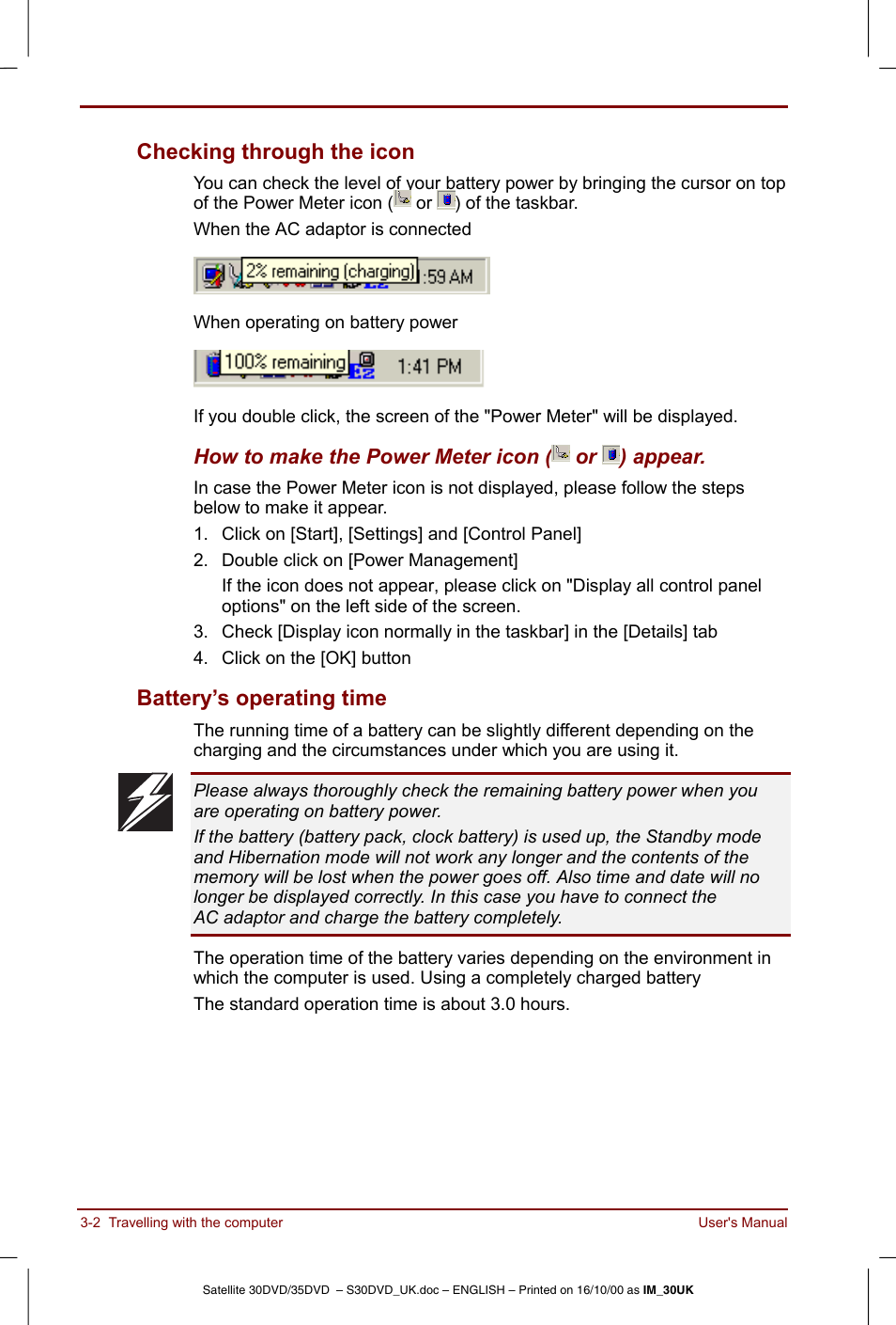 Checking through the icon, Battery’s operating time | Toshiba Satellite 31 User Manual | Page 49 / 142