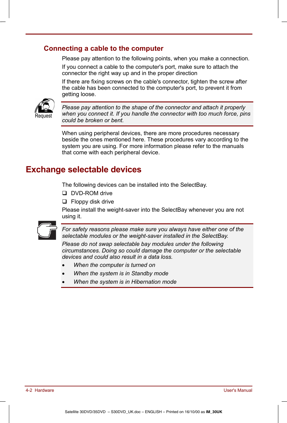 Exchange selectable devices, Connecting a cable to the computer -2, Exchange selectable devices -2 | Connecting a cable to the computer | Toshiba Satellite 31 User Manual | Page 55 / 142