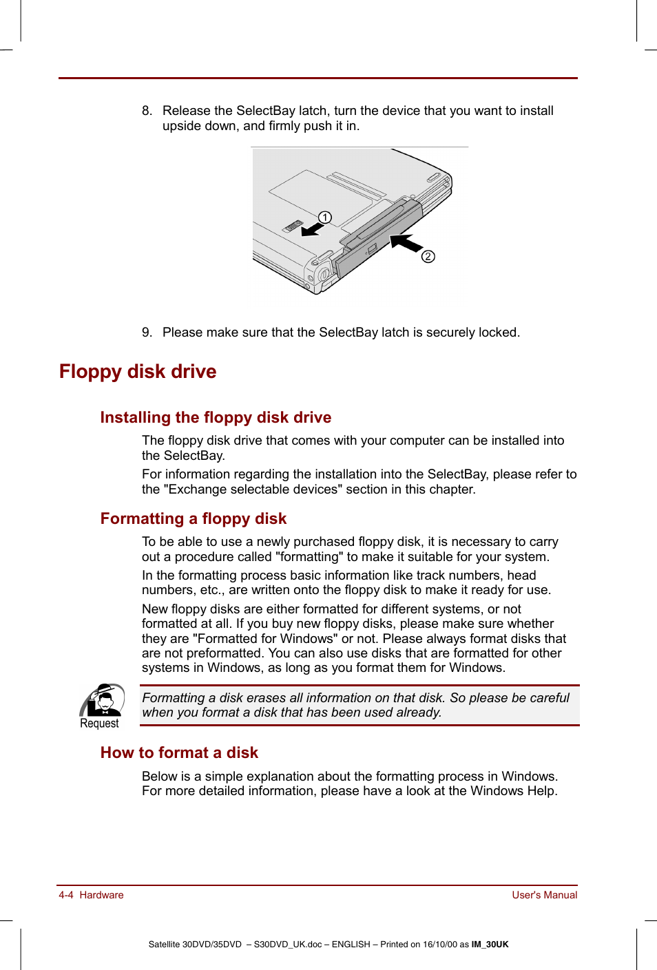 Floppy disk drive, Floppy disk drive -4, Installing the floppy disk drive | Formatting a floppy disk, How to format a disk | Toshiba Satellite 31 User Manual | Page 57 / 142