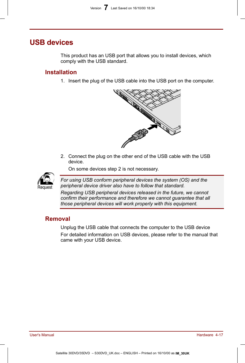 Usb devices, Usb devices -17, Installation -17 removal -17 | Installation, Removal | Toshiba Satellite 31 User Manual | Page 70 / 142