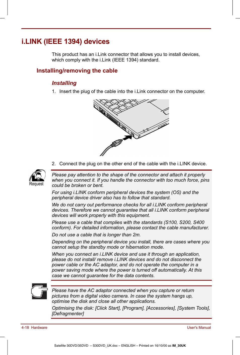 I.link (ieee 1394) devices, I.link (ieee 1394) devices -18, Installing/removing the cable -18 | Installing/removing the cable | Toshiba Satellite 31 User Manual | Page 71 / 142