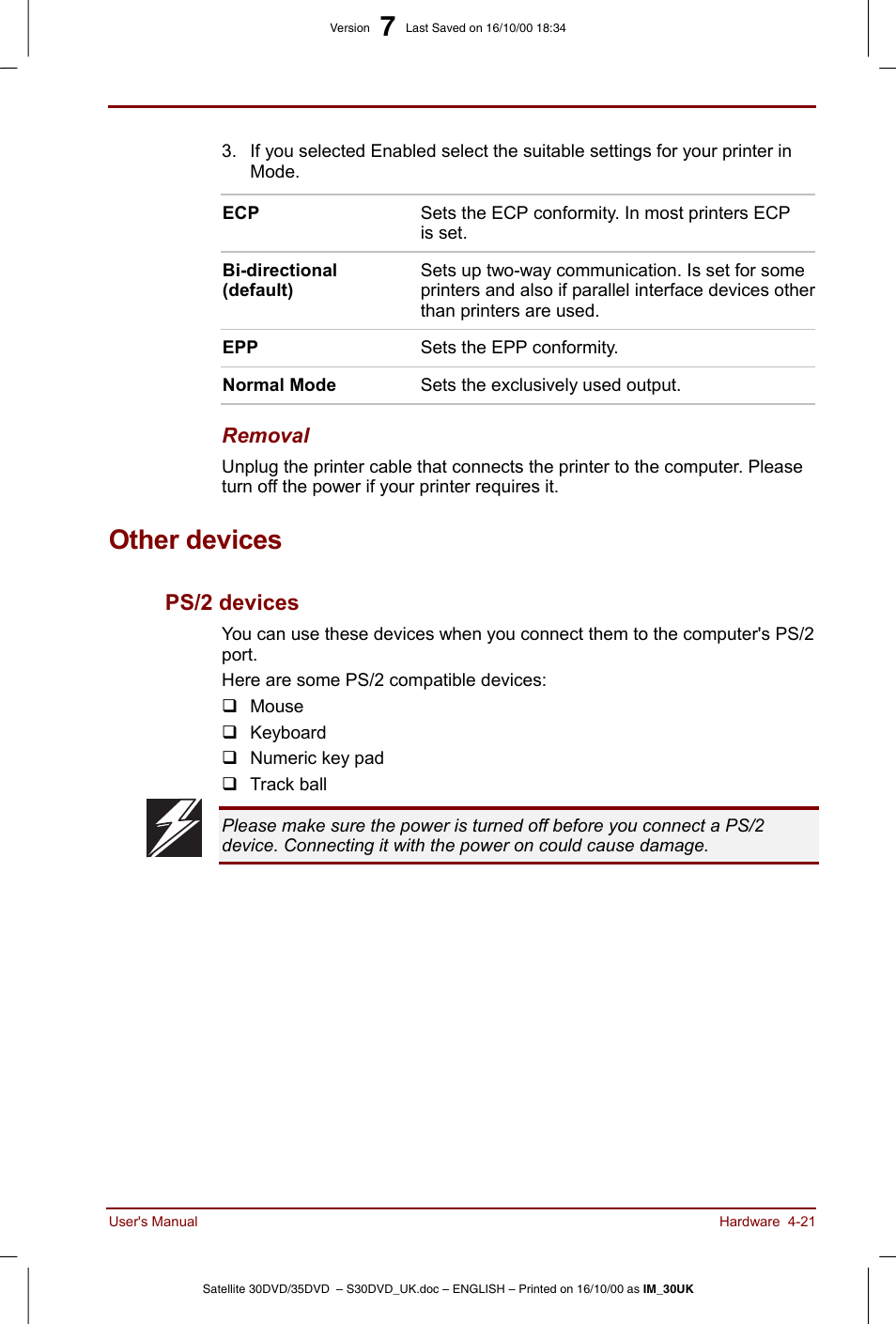 Other devices, Other devices -21, Ps/2 devices -21 | Ps/2 devices | Toshiba Satellite 31 User Manual | Page 74 / 142