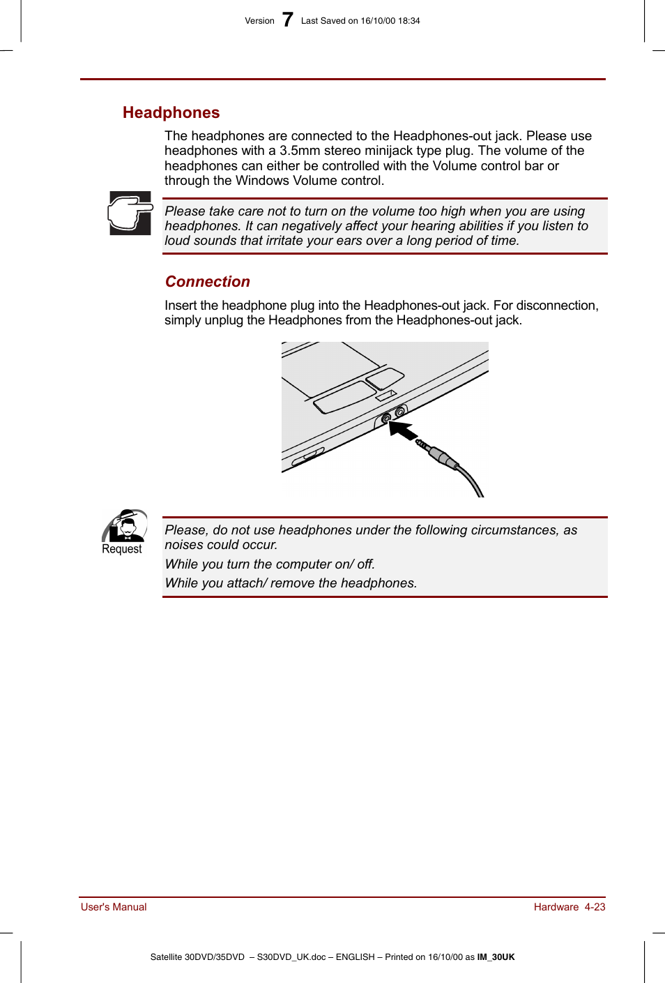 Headphones -23, Headphones, Connection | Toshiba Satellite 31 User Manual | Page 76 / 142