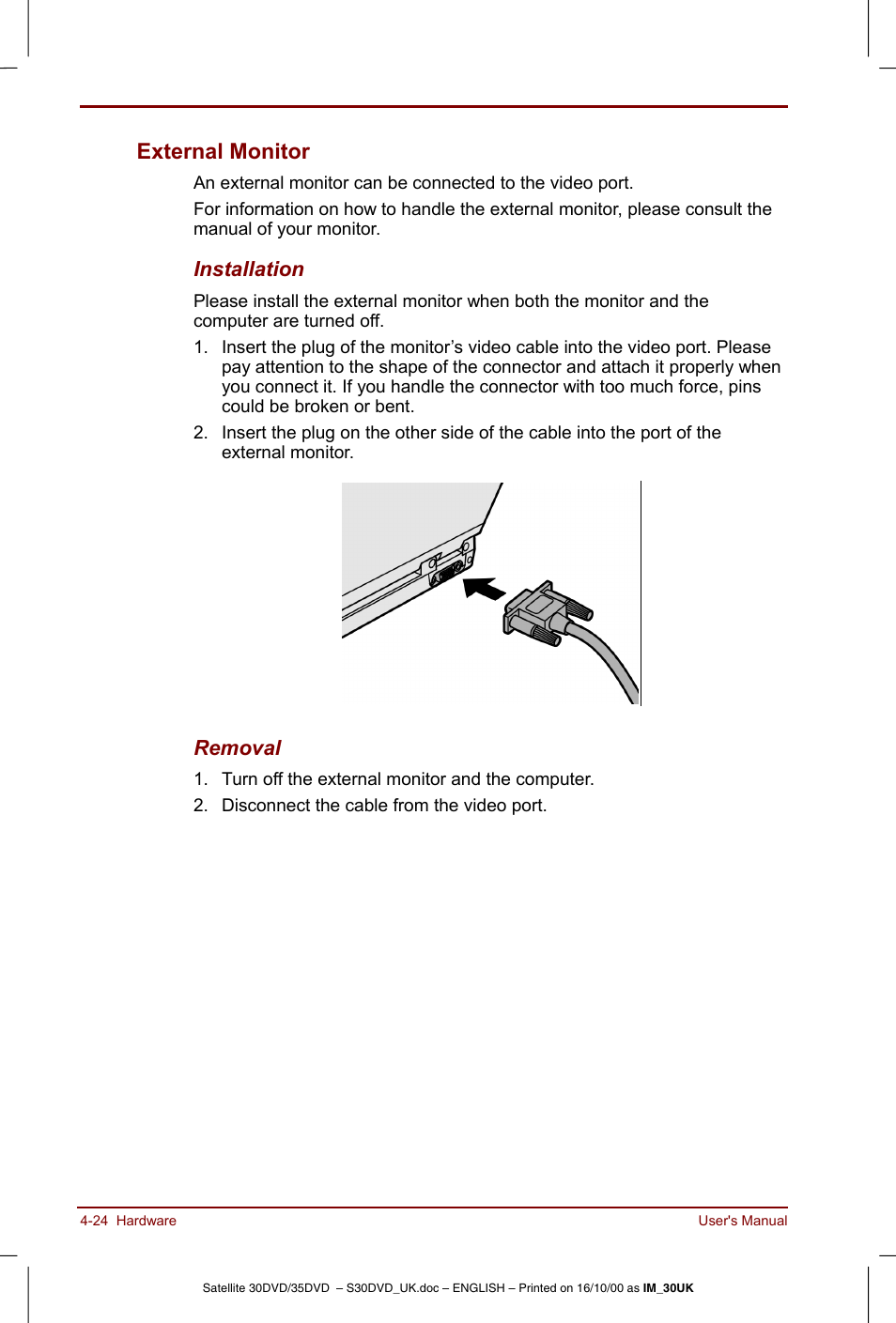 External monitor -24, External monitor | Toshiba Satellite 31 User Manual | Page 77 / 142