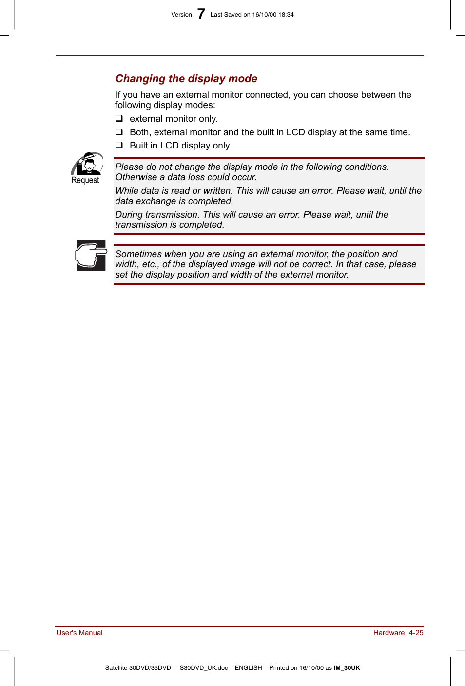 Changing the display mode | Toshiba Satellite 31 User Manual | Page 78 / 142