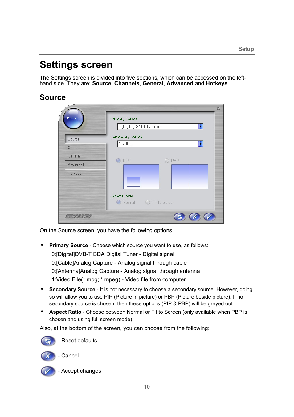 Settings screen, Source | Toshiba USB Hybrid TV Tuner User Manual | Page 13 / 35