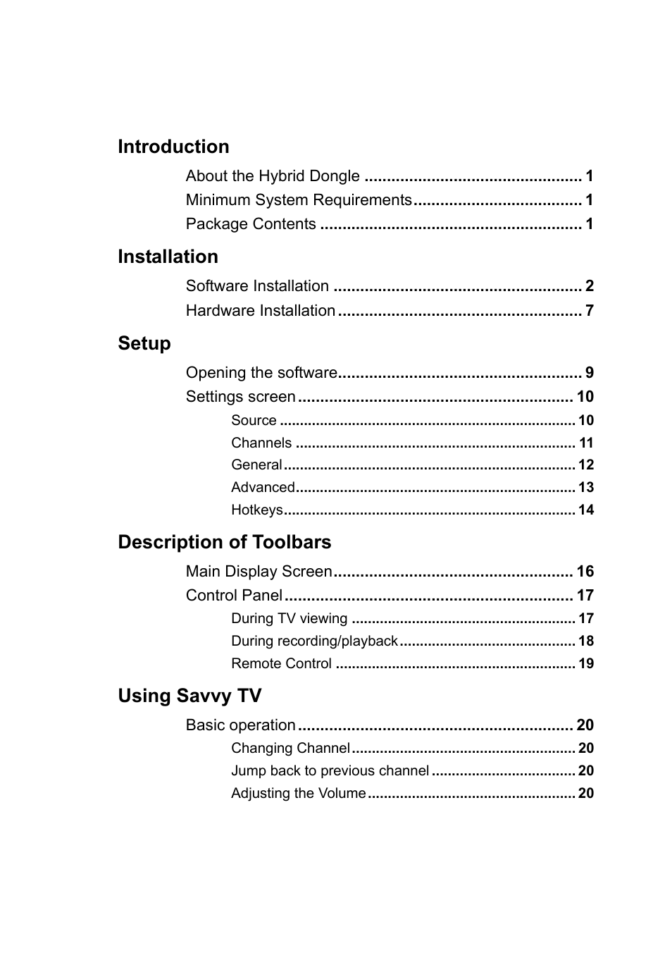 Introduction, Installation, Setup | Description of toolbars, Using savvy tv | Toshiba USB Hybrid TV Tuner User Manual | Page 2 / 35