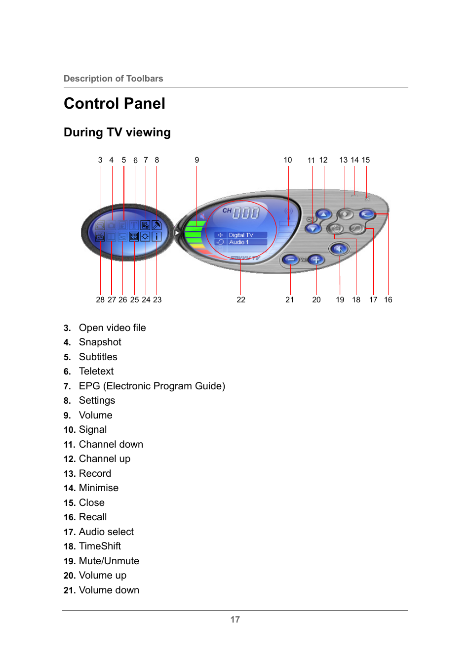 Control panel, During tv viewing | Toshiba USB Hybrid TV Tuner User Manual | Page 20 / 35
