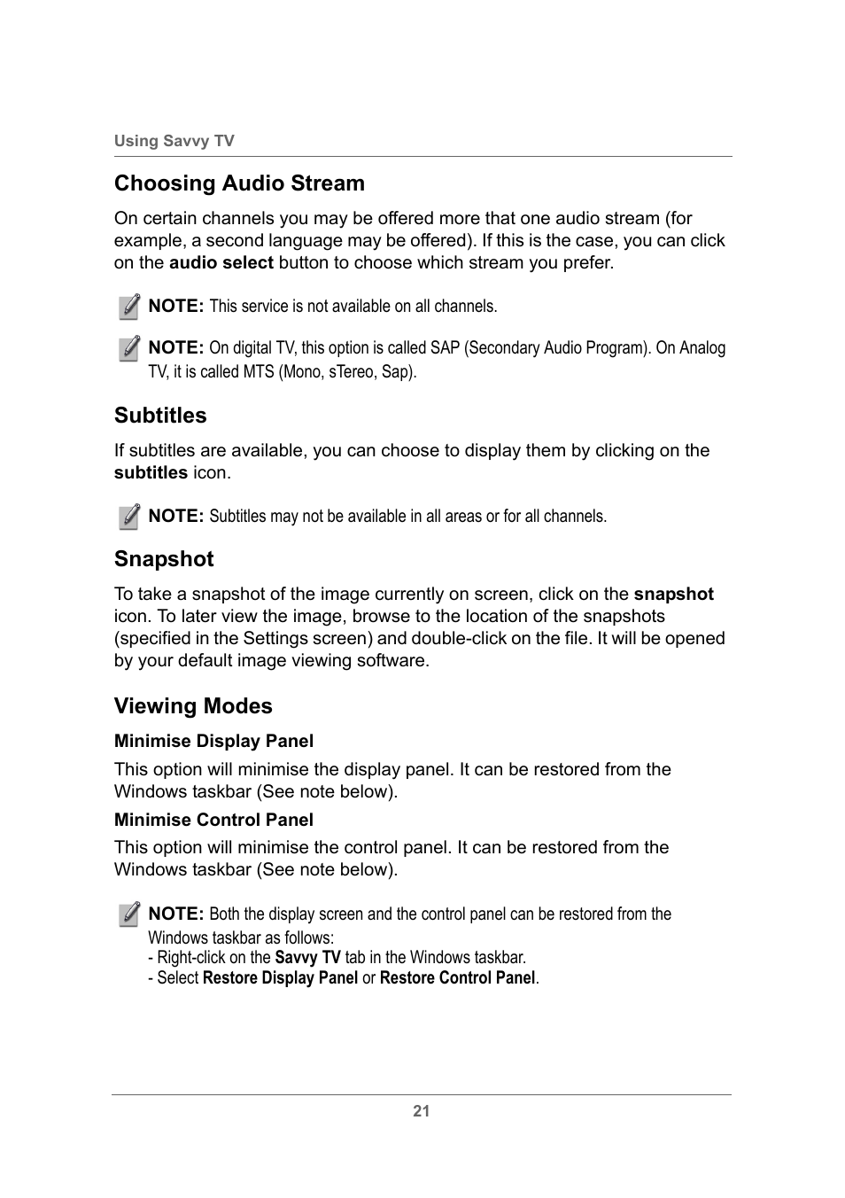 Choosing audio stream, Subtitles, Snapshot | Viewing modes | Toshiba USB Hybrid TV Tuner User Manual | Page 24 / 35