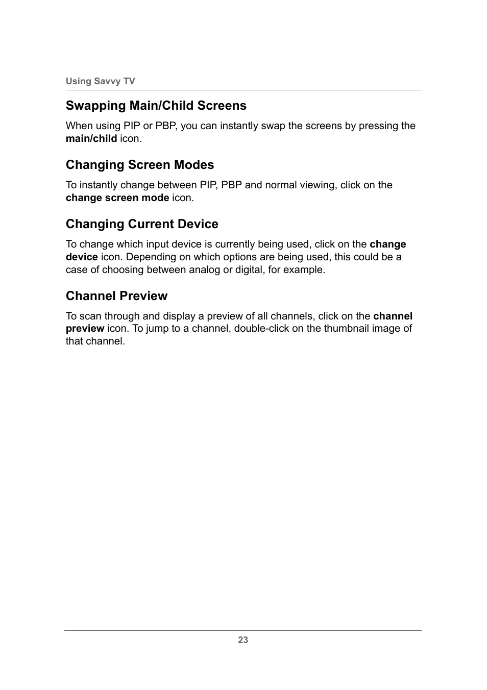Swapping main/child screens, Changing screen modes, Changing current device | Channel preview | Toshiba USB Hybrid TV Tuner User Manual | Page 26 / 35