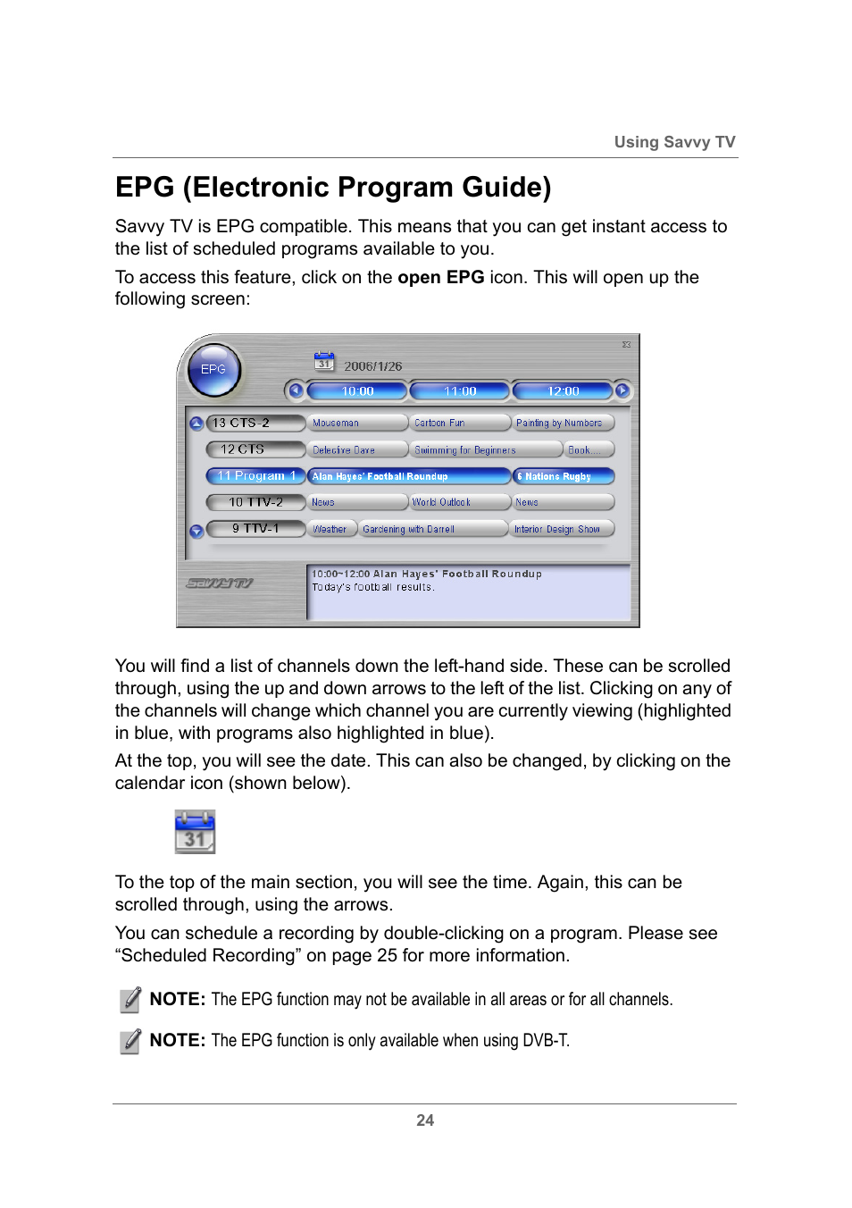 Epg (electronic program guide) | Toshiba USB Hybrid TV Tuner User Manual | Page 27 / 35