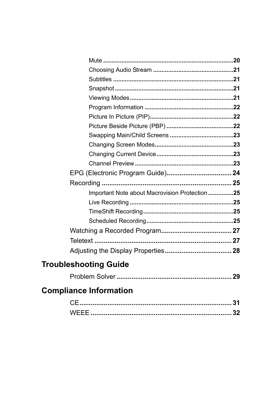 Troubleshooting guide, Compliance information | Toshiba USB Hybrid TV Tuner User Manual | Page 3 / 35