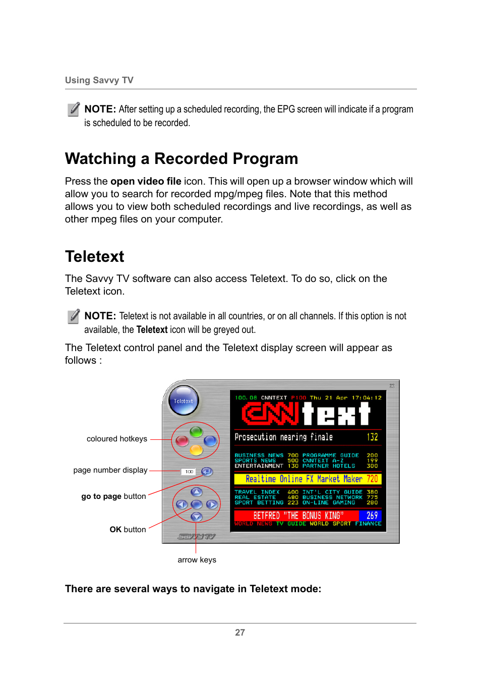 Watching a recorded program, Teletext, Watching a recorded program teletext | Toshiba USB Hybrid TV Tuner User Manual | Page 30 / 35