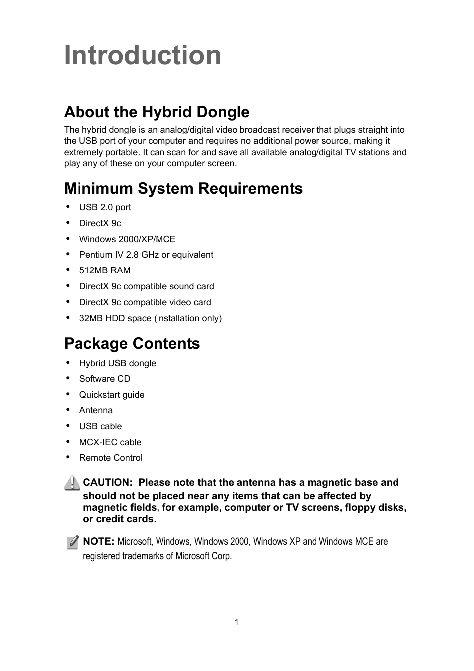 Introduction, About the hybrid dongle, Minimum system requirements | Package contents | Toshiba USB Hybrid TV Tuner User Manual | Page 4 / 35