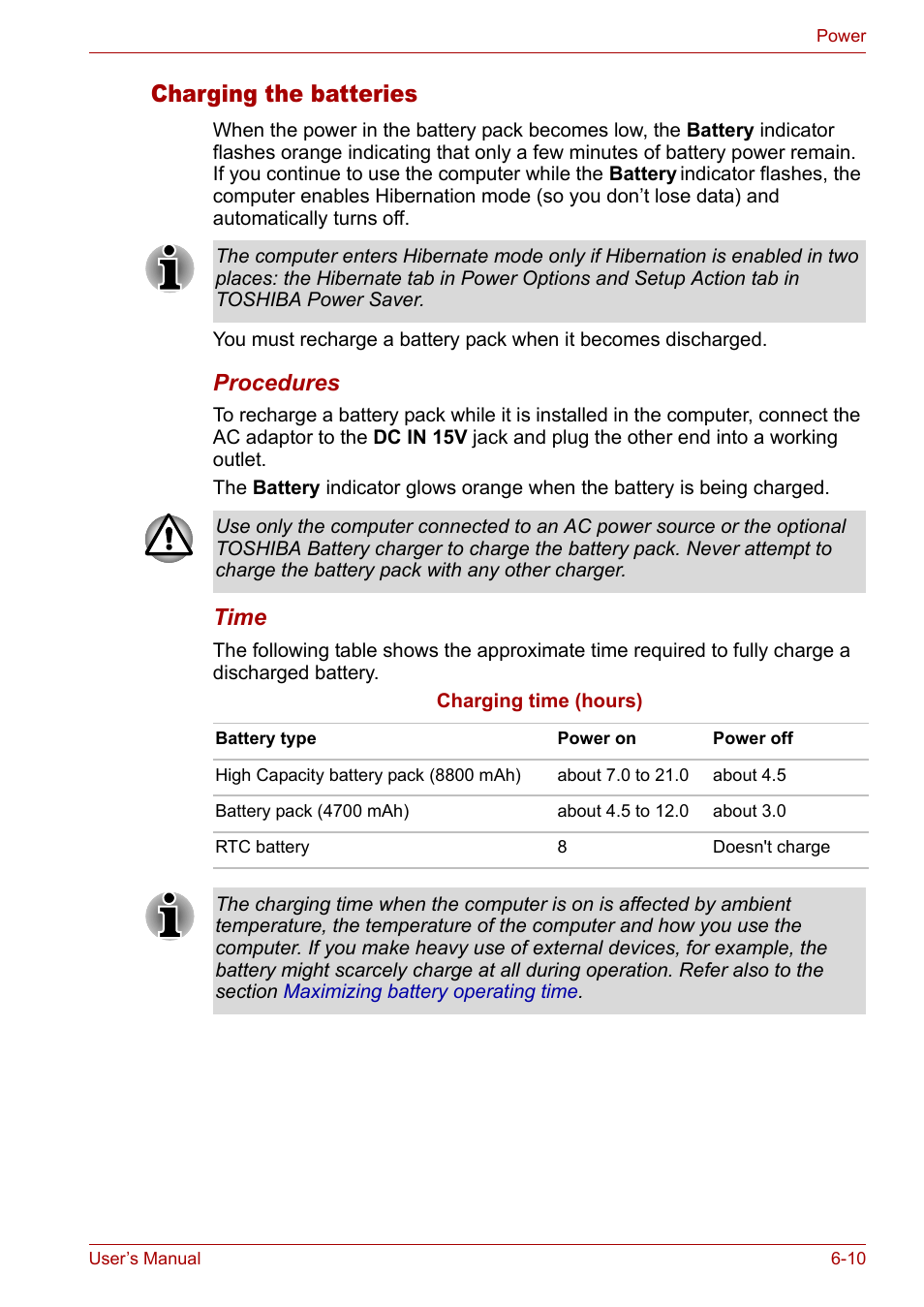 Charging the batteries, Procedures, Time | Toshiba Tecra A3X User Manual | Page 102 / 193