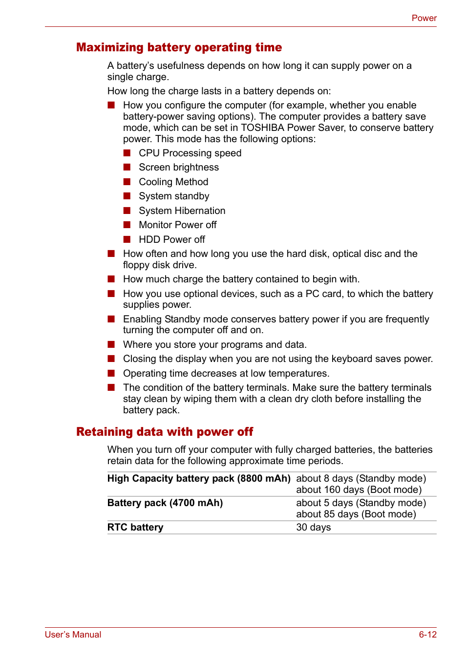 Maximizing battery operating time, Retaining data with power off | Toshiba Tecra A3X User Manual | Page 104 / 193