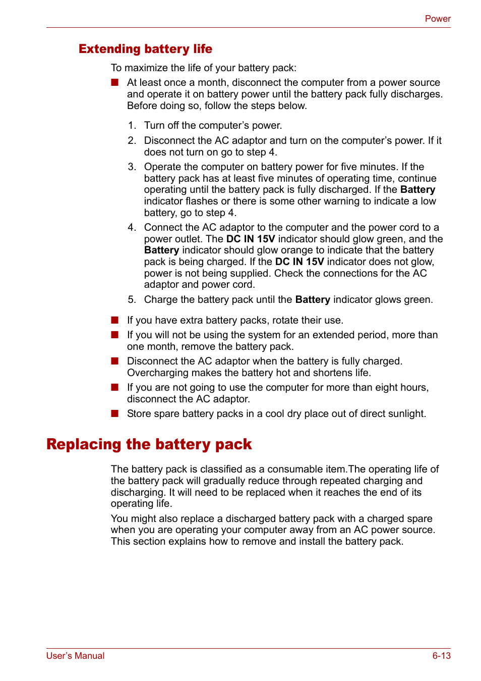 Replacing the battery pack, Replacing the battery pack -13, Extending battery life | Toshiba Tecra A3X User Manual | Page 105 / 193