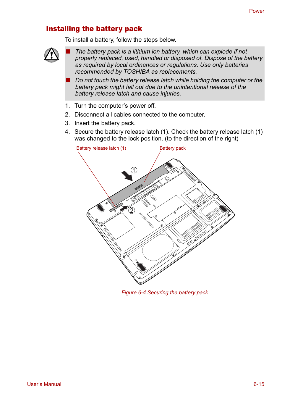 Installing the battery pack | Toshiba Tecra A3X User Manual | Page 107 / 193