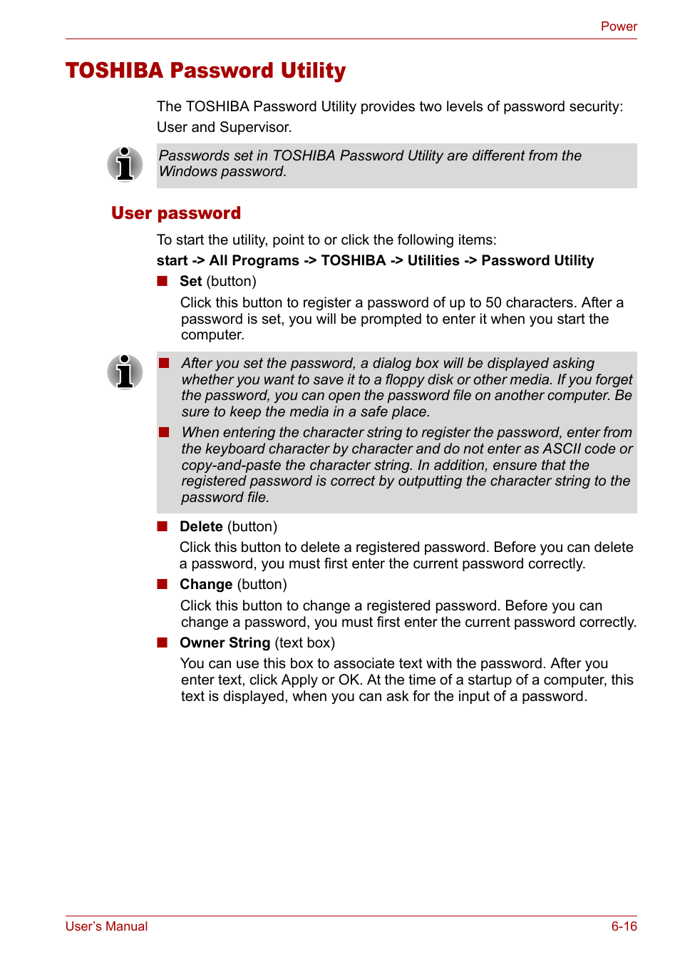 Toshiba password utility, Toshiba password utility -16, User password | Toshiba Tecra A3X User Manual | Page 108 / 193