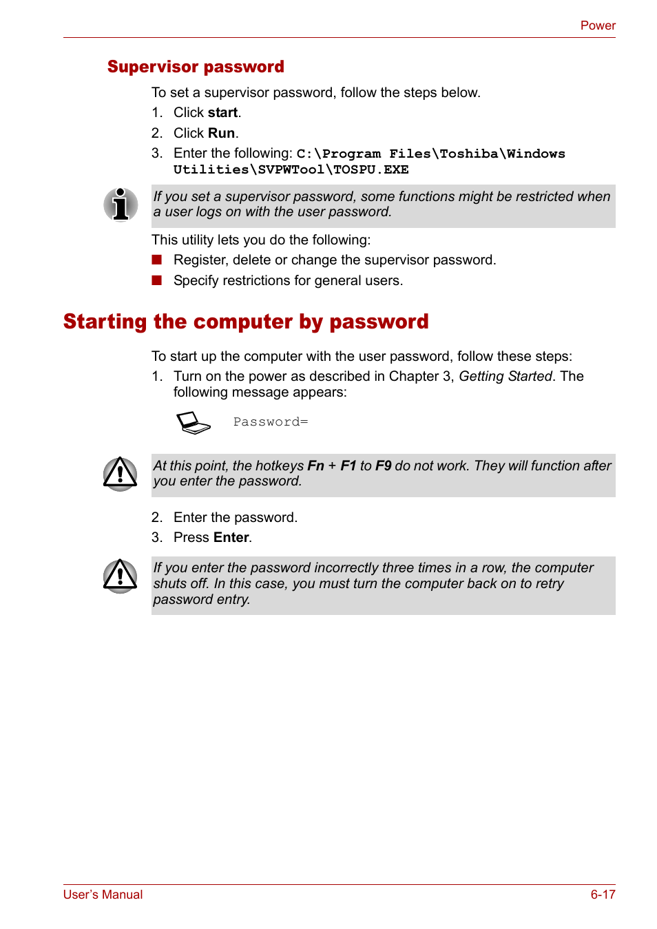 Starting the computer by password, Starting the computer by password -17, Supervisor password | Toshiba Tecra A3X User Manual | Page 109 / 193
