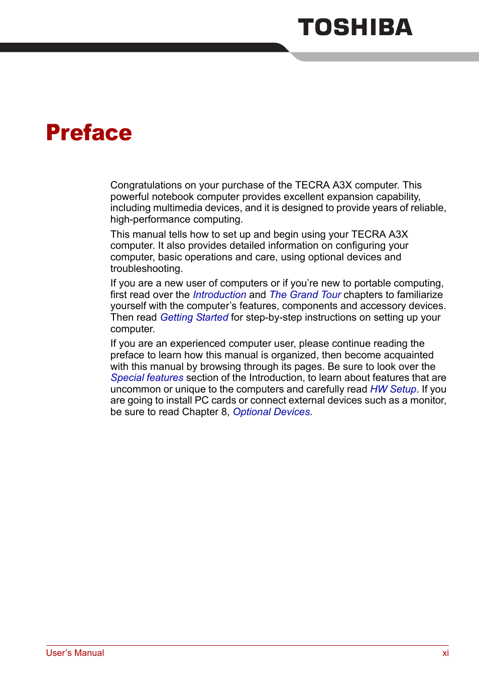 Preface | Toshiba Tecra A3X User Manual | Page 11 / 193