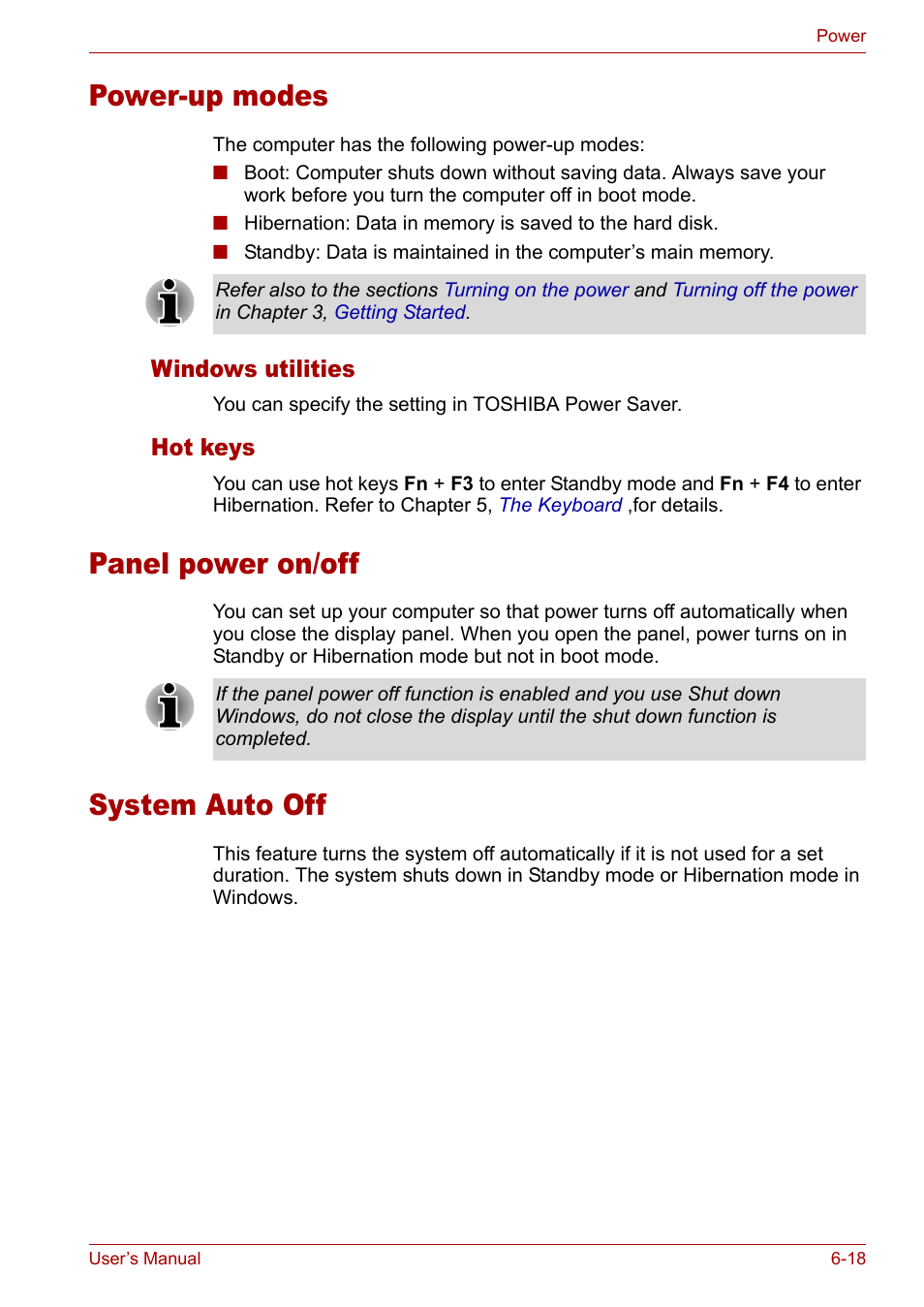 Power-up modes, Panel power on/off, System auto off | Toshiba Tecra A3X User Manual | Page 110 / 193