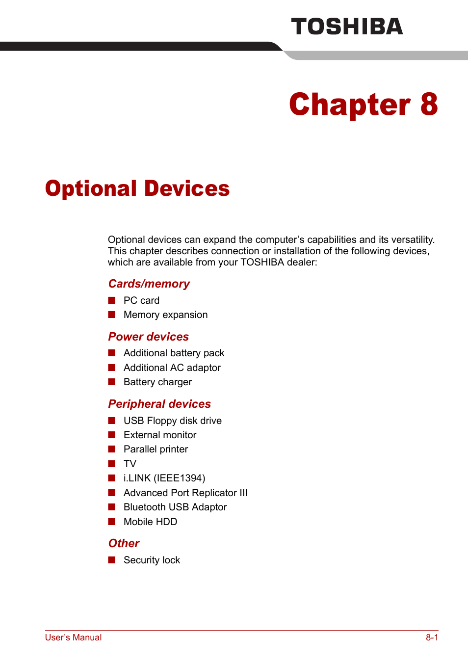 Chapter 8: optional devices, Chapter 8, Optional devices | Toshiba Tecra A3X User Manual | Page 120 / 193