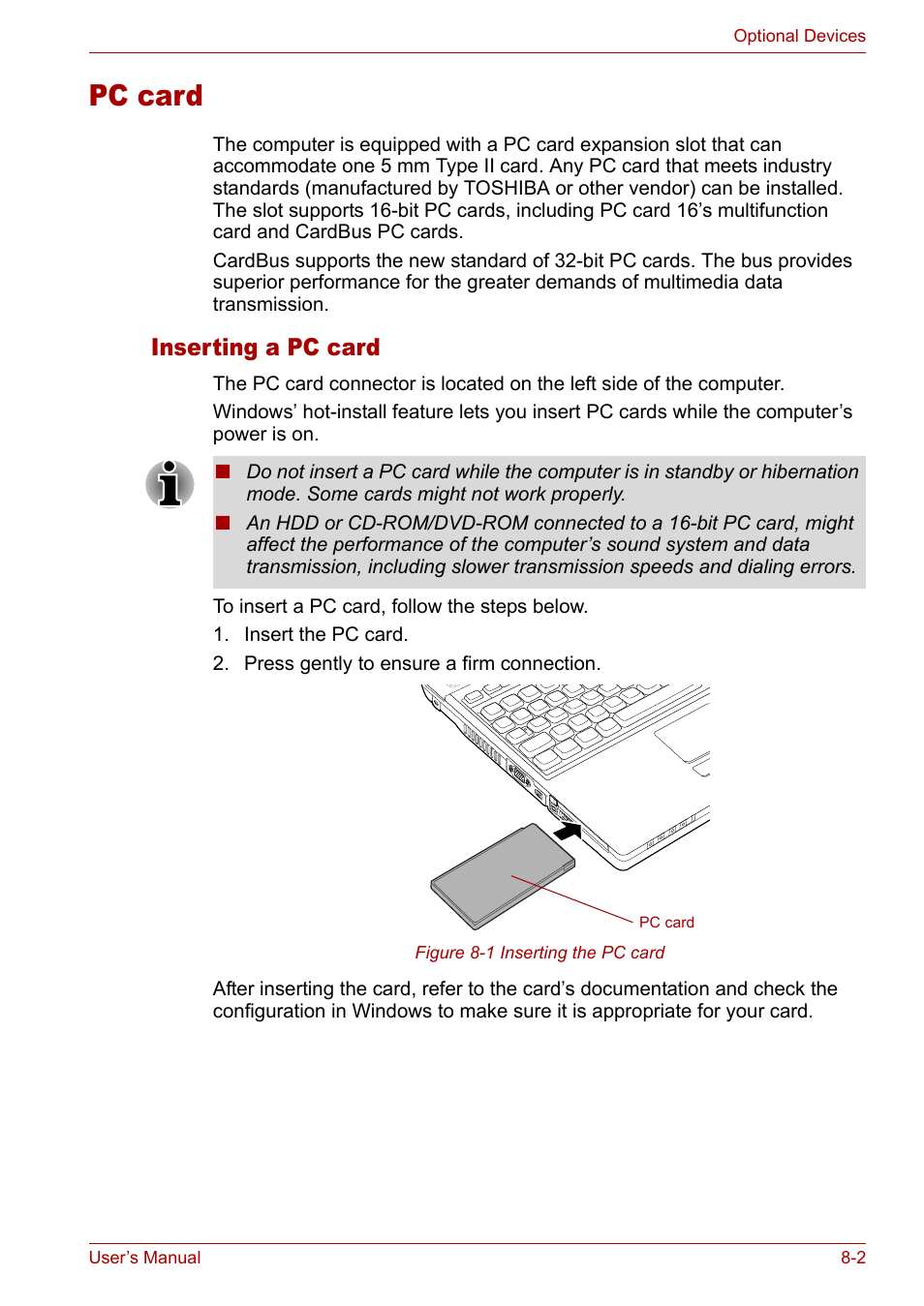 Pc card, Pc card -2, Inserting a pc card | Toshiba Tecra A3X User Manual | Page 121 / 193