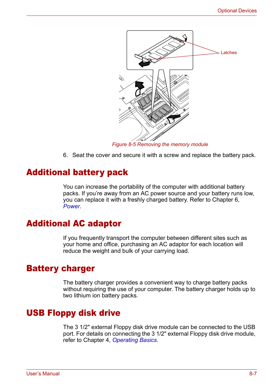 Additional battery pack, Additional ac adaptor, Battery charger | Usb floppy disk drive | Toshiba Tecra A3X User Manual | Page 126 / 193