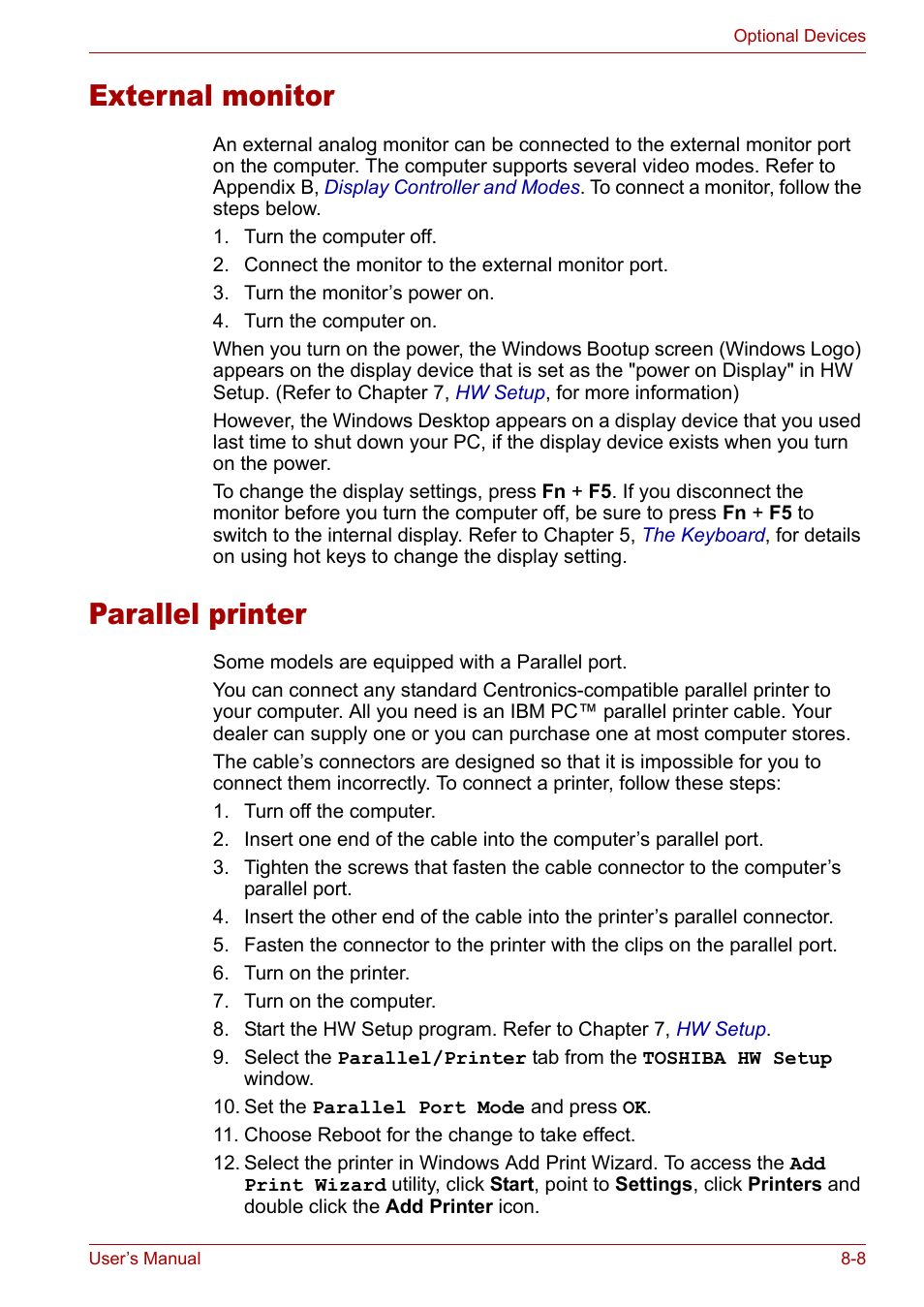 External monitor, Parallel printer, External monitor -8 parallel printer -8 | Toshiba Tecra A3X User Manual | Page 127 / 193