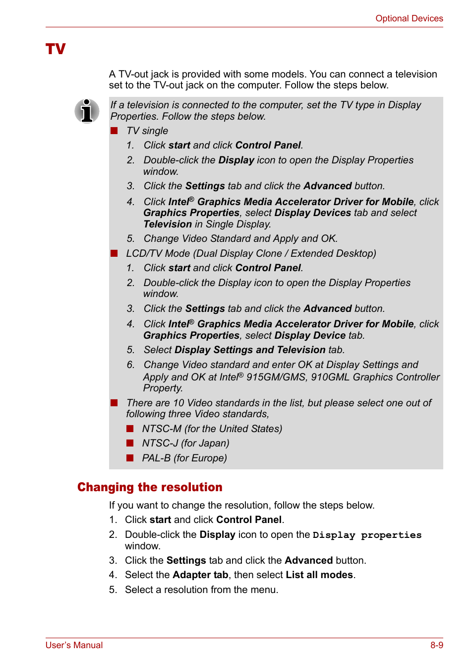 Tv -9, Changing the resolution | Toshiba Tecra A3X User Manual | Page 128 / 193