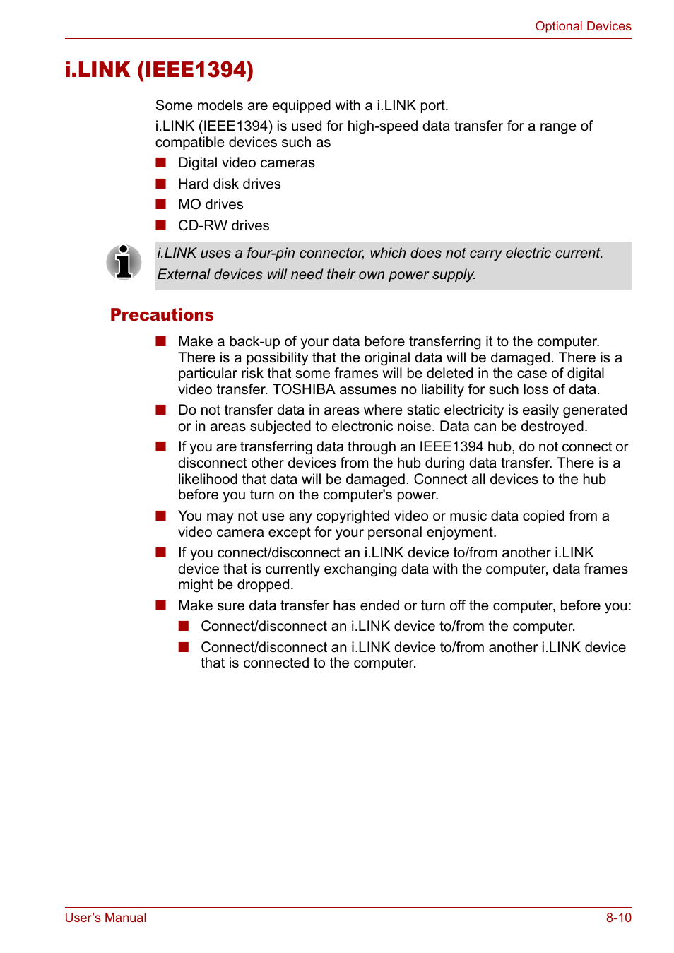 I.link (ieee1394), I.link (ieee1394) -10, Precautions | Toshiba Tecra A3X User Manual | Page 129 / 193