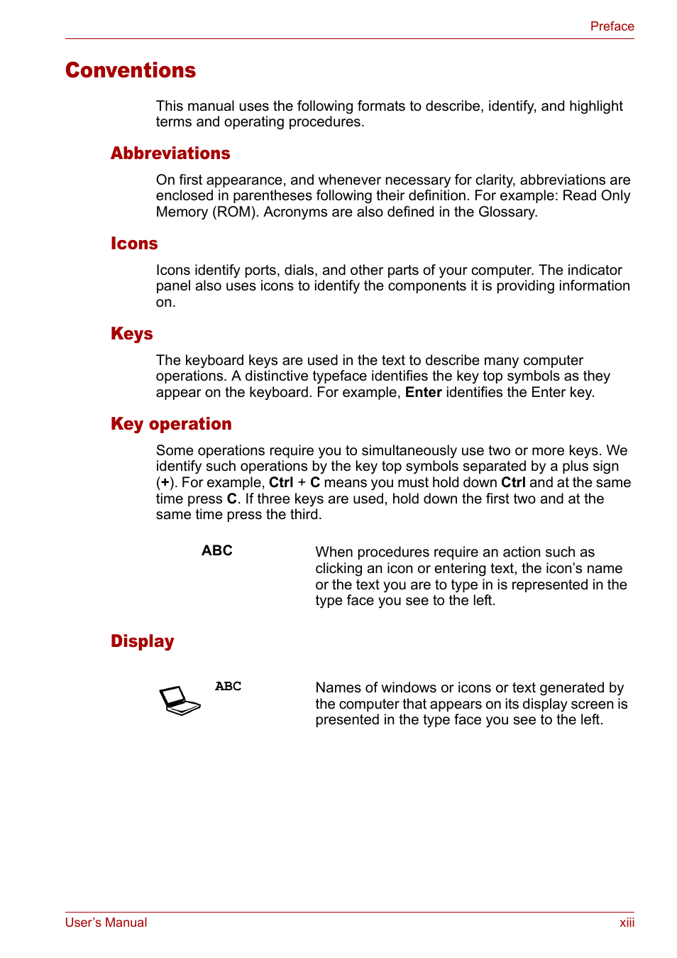 Conventions | Toshiba Tecra A3X User Manual | Page 13 / 193