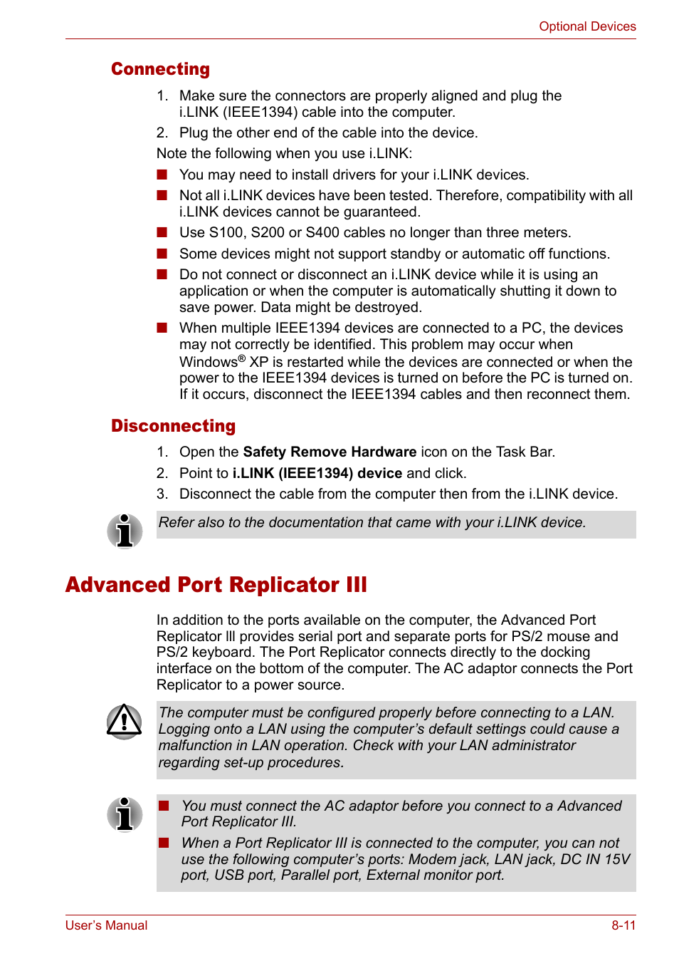 Advanced port replicator iil, Advanced port replicator iil -11, Connecting | Disconnecting | Toshiba Tecra A3X User Manual | Page 130 / 193