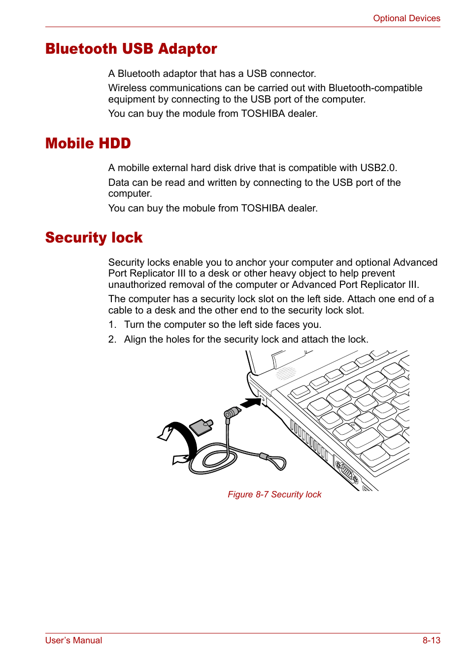 Bluetooth usb adaptor, Mobile hdd, Security lock | Toshiba Tecra A3X User Manual | Page 132 / 193