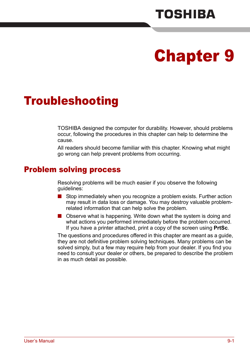 Chapter 9: troubleshooting, Problem solving process, Chapter 9 | Troubleshooting, Problem solving process -1, Provi | Toshiba Tecra A3X User Manual | Page 133 / 193