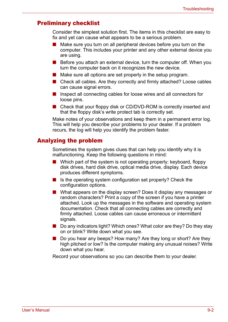 Preliminary checklist, Analyzing the problem | Toshiba Tecra A3X User Manual | Page 134 / 193