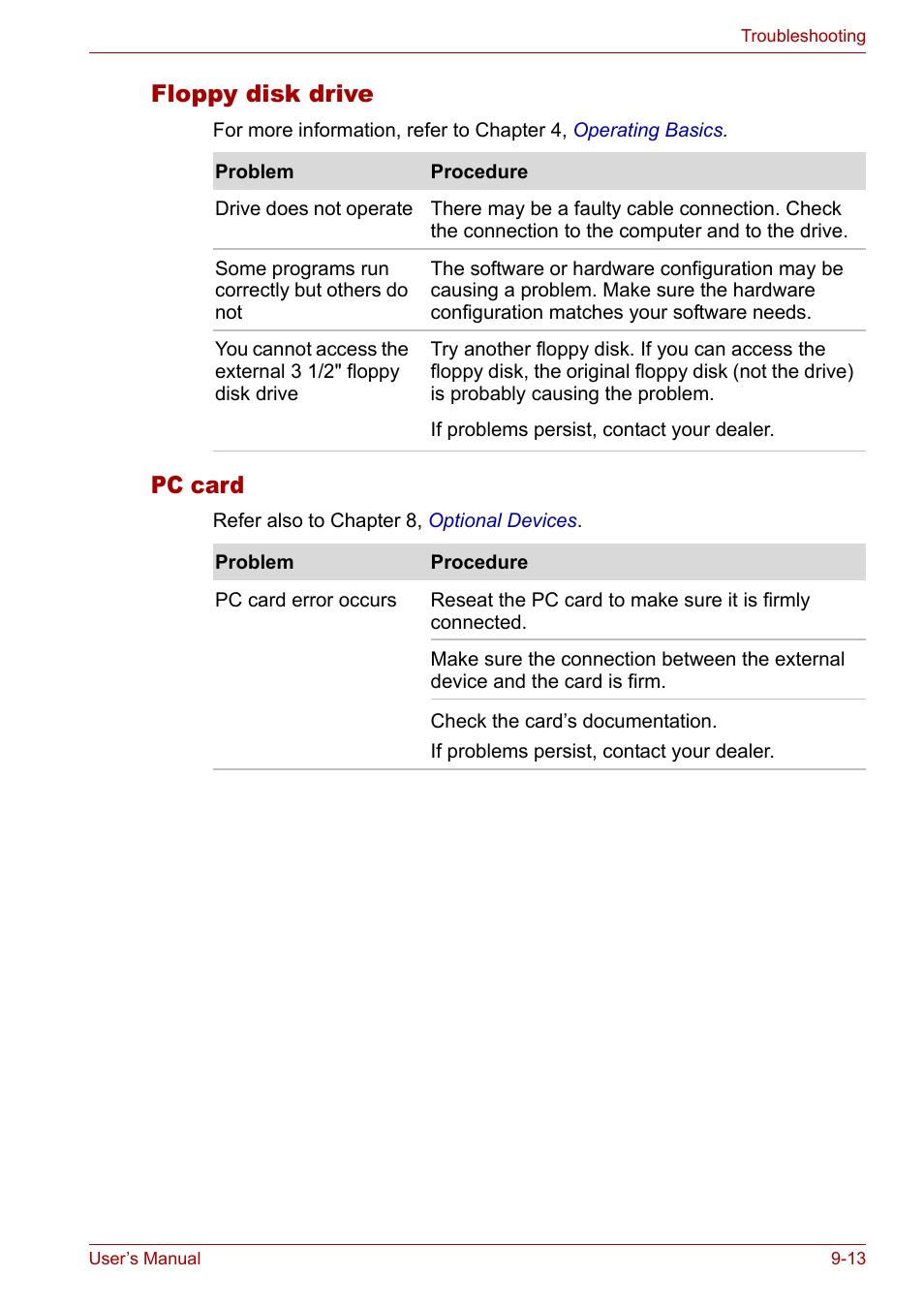 Floppy disk drive, Pc card | Toshiba Tecra A3X User Manual | Page 145 / 193