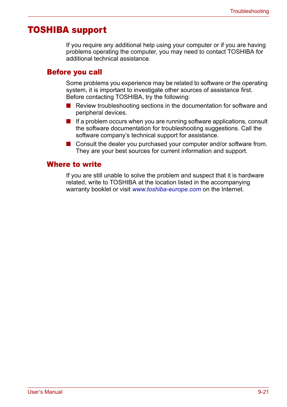 Toshiba support, Toshiba support -21, Before you call | Where to write | Toshiba Tecra A3X User Manual | Page 153 / 193