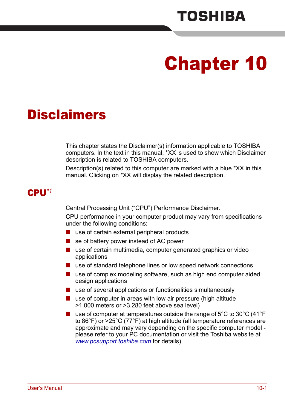 Chapter 10: disclaimers, Cpu*1, Chapter 10 | Disclaimers, Cpu*1 -1 | Toshiba Tecra A3X User Manual | Page 154 / 193