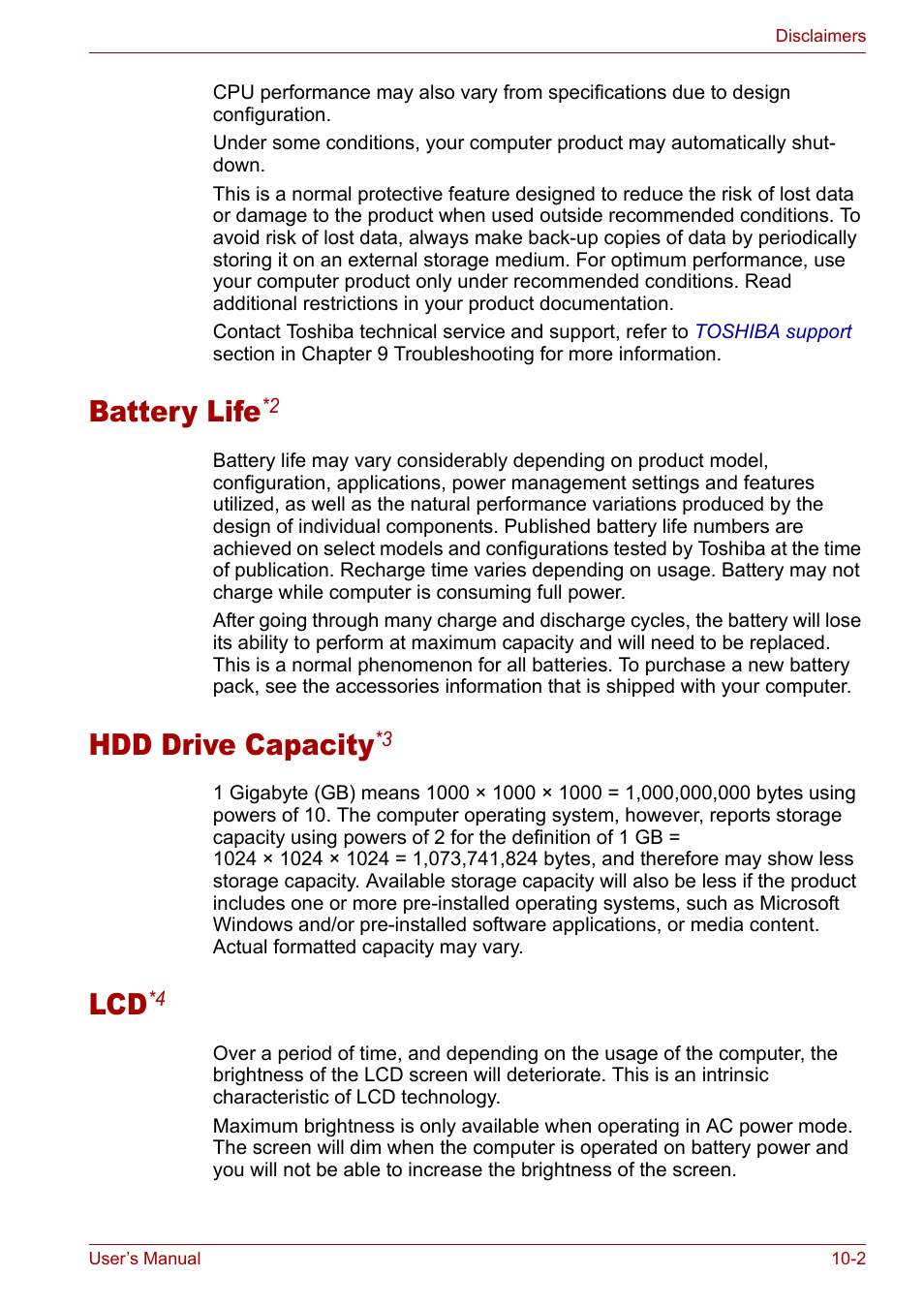 Battery life*2, Hdd drive capacity*3, Lcd*4 | Battery life*2 -2 hdd drive capacity*3 -2 lcd*4 -2, Battery life, Hdd drive capacity | Toshiba Tecra A3X User Manual | Page 155 / 193