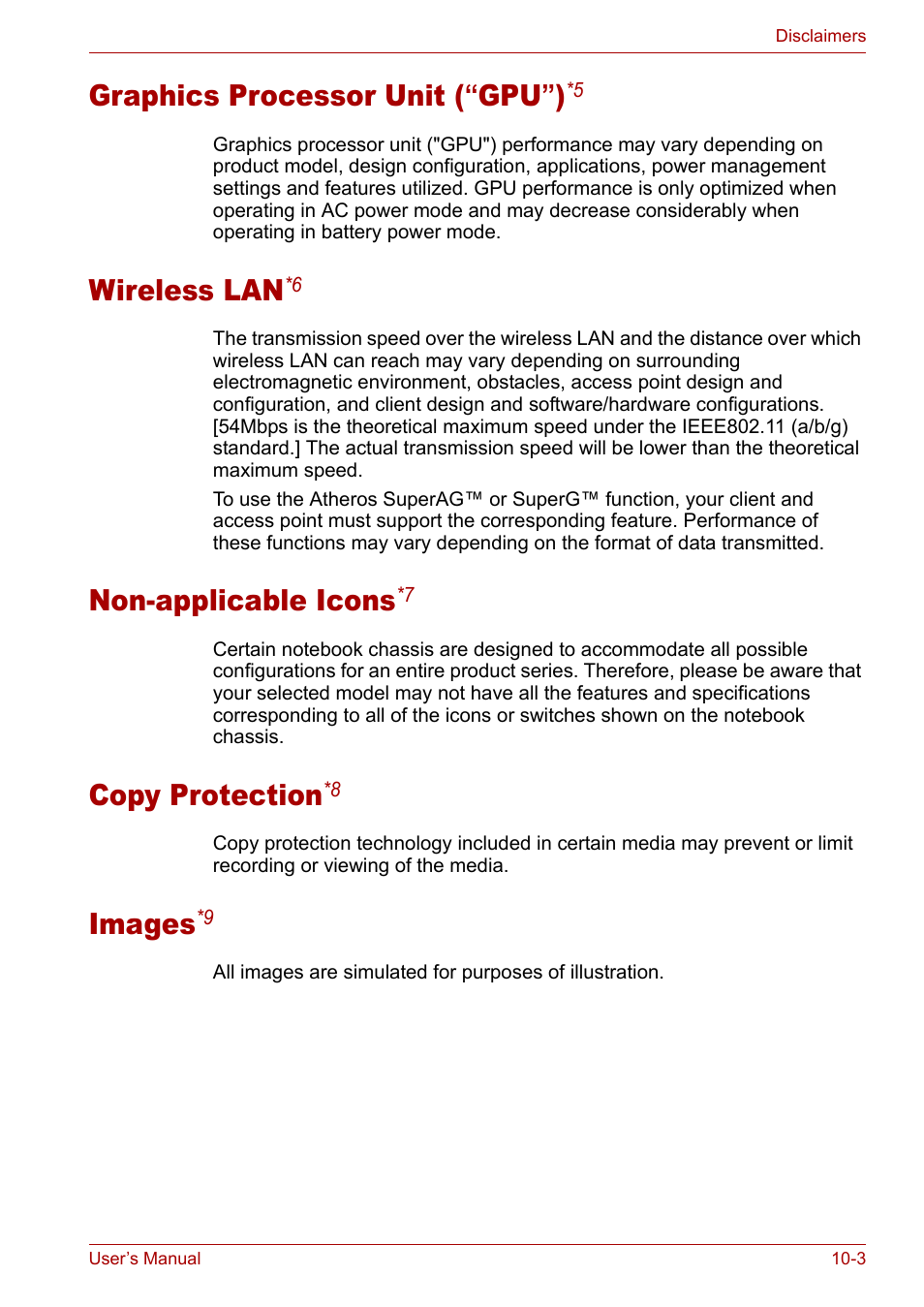 Graphics processor unit (“gpu”)*5, Wireless lan*6, Non-applicable icons*7 | Copy protection*8, Images*9, Graphics processor unit ( “ gpu ” ), Wireless lan, Non-applicable icons, Copy protection, Images | Toshiba Tecra A3X User Manual | Page 156 / 193