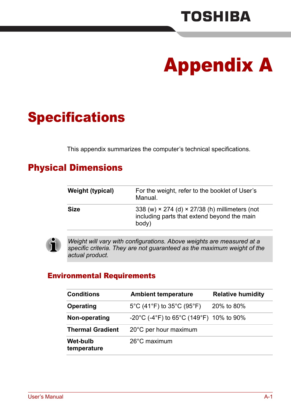 Appendix a: specifications, Physical dimensions, Appendix a | Specifications, Appendixes | Toshiba Tecra A3X User Manual | Page 157 / 193