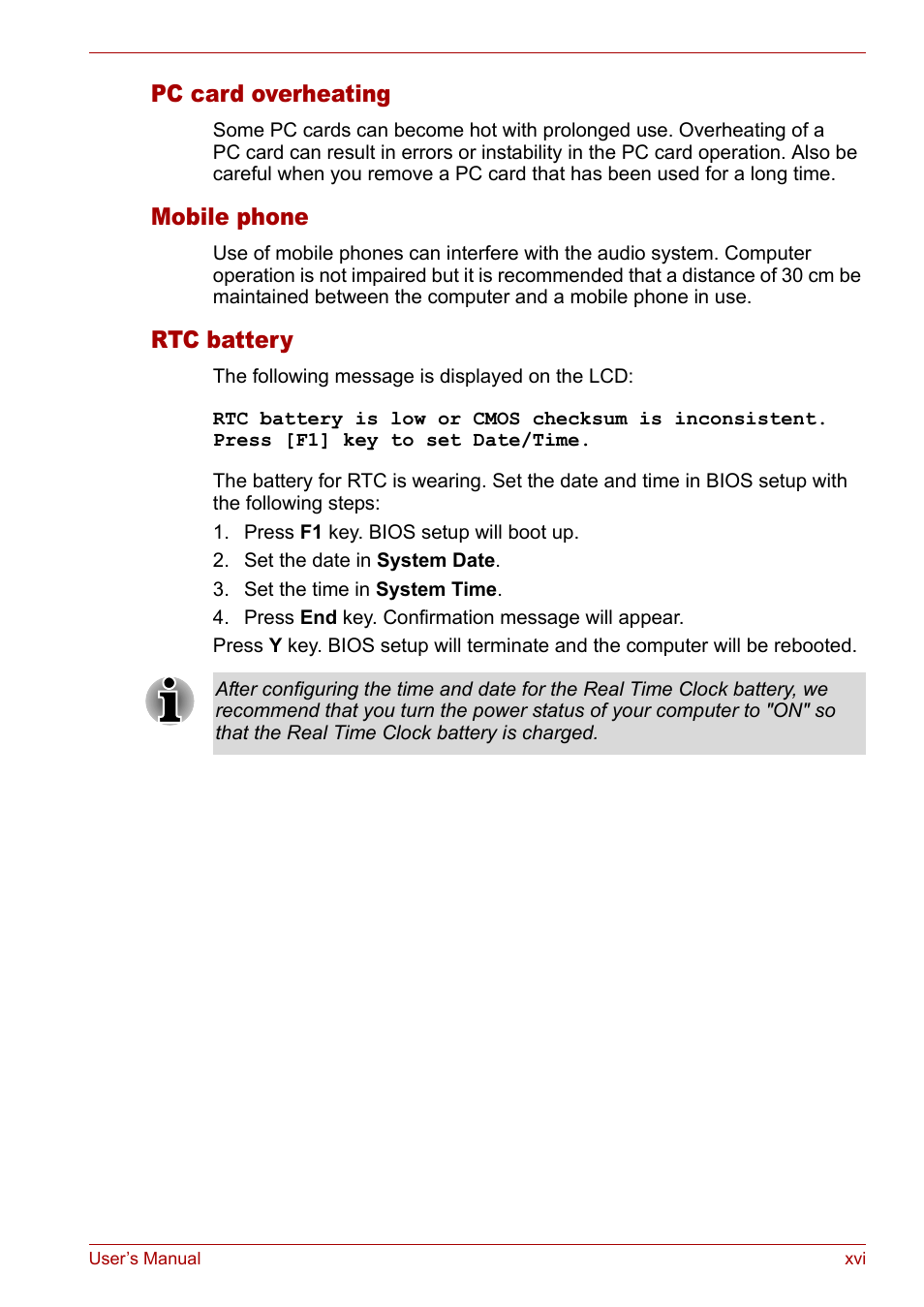 Pc card overheating, Mobile phone, Rtc battery | Toshiba Tecra A3X User Manual | Page 16 / 193